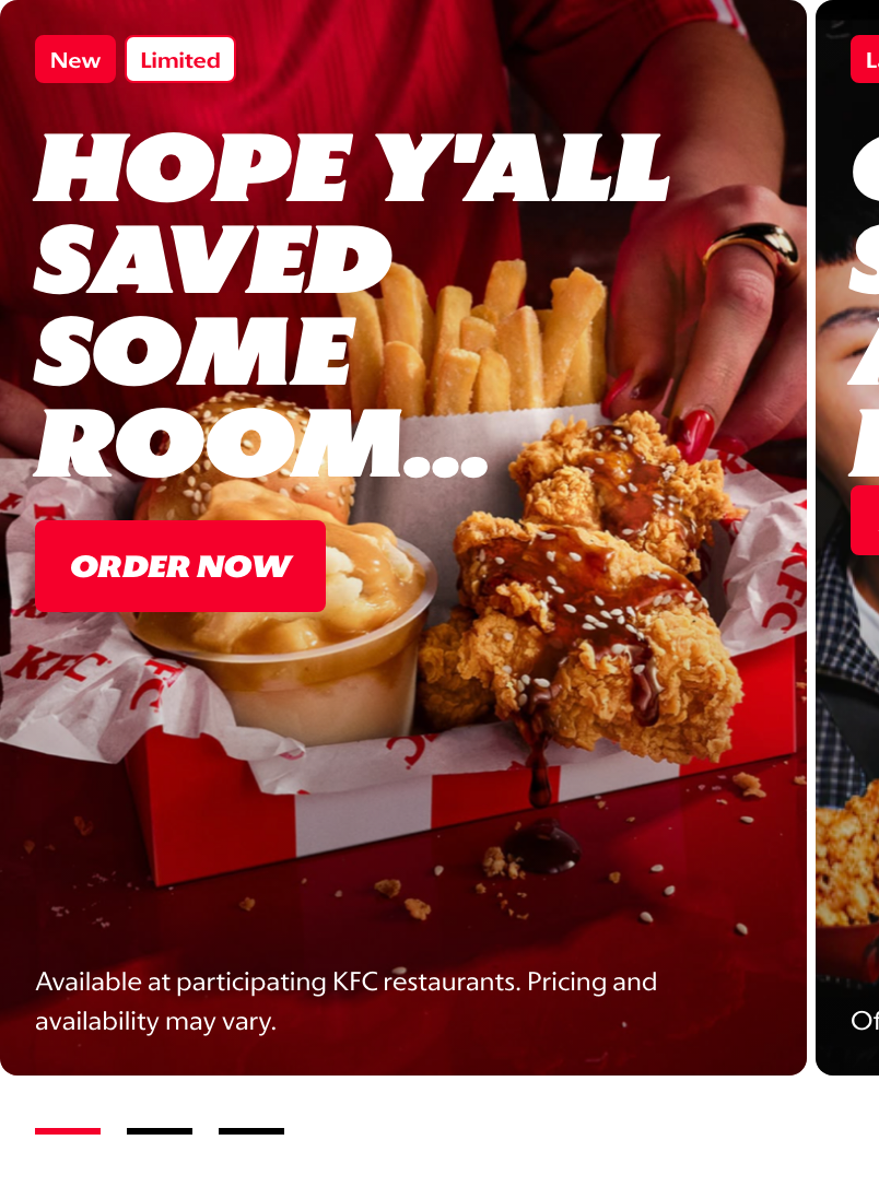 Homepage hero campaign carousel with promotional food imagery and Order Now CTA