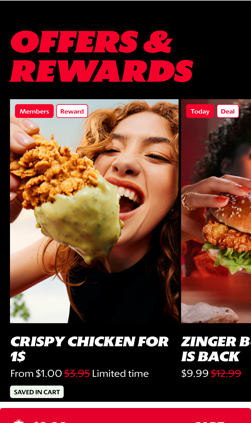Homepage Offers and Rewards section with offer cards and reward pricing