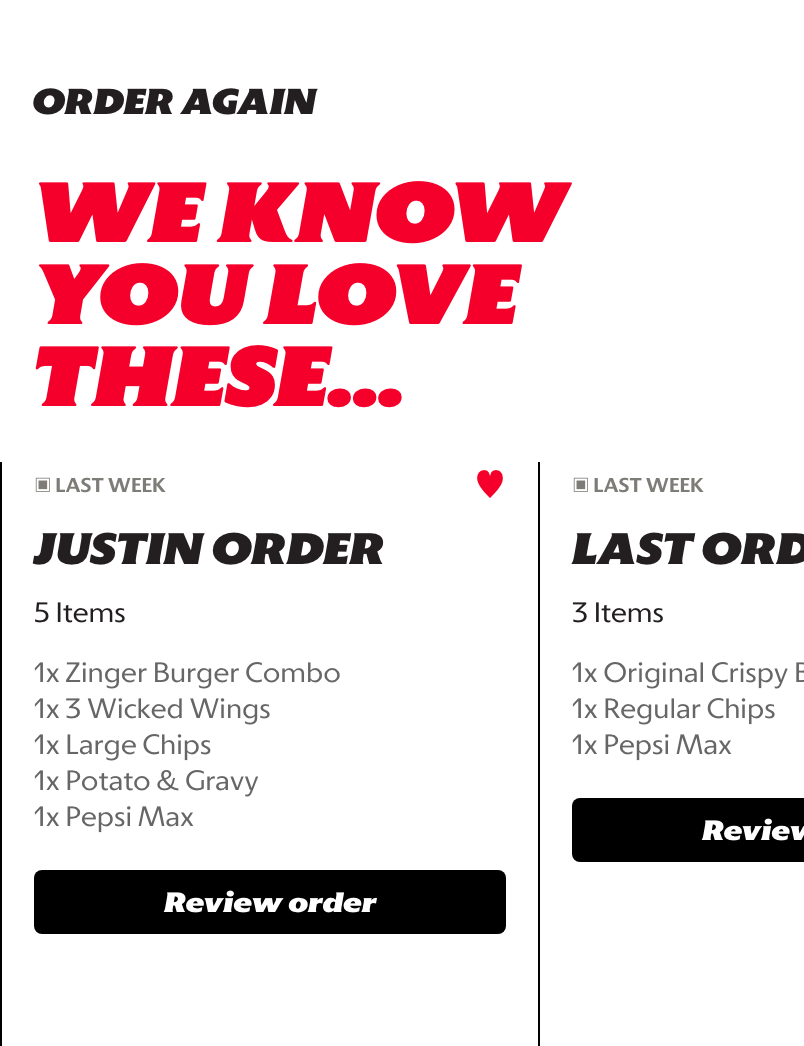 Homepage reorder shortcuts with previous order cards and review order actions