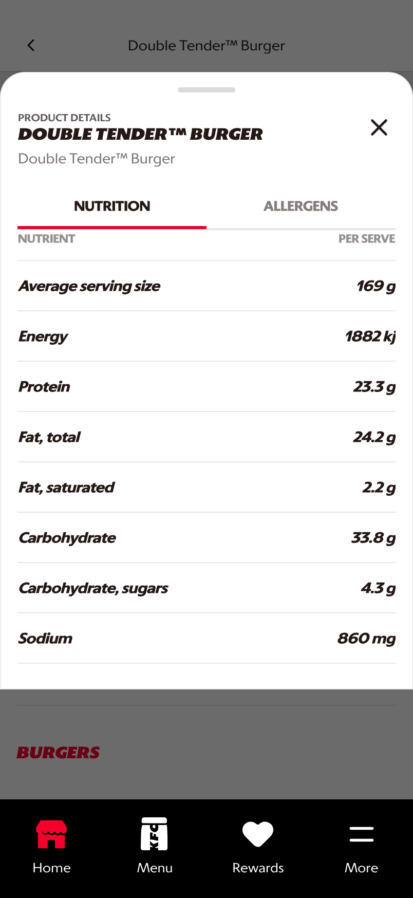 Nutrition tab with per-serve nutrient rows
