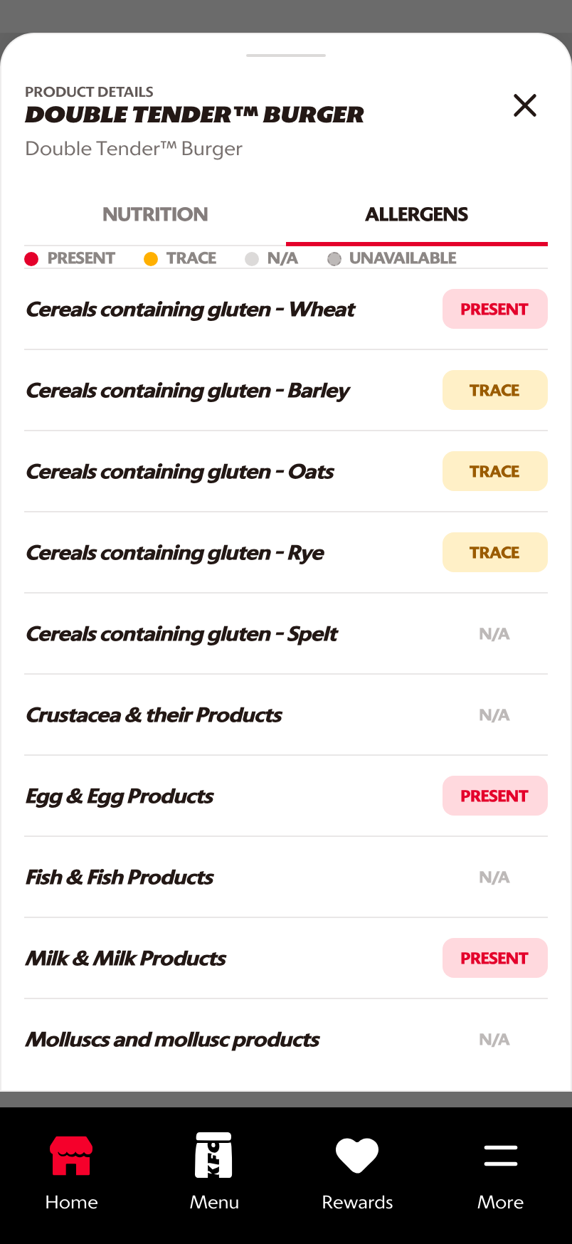 Allergen tab with present trace not applicable and unavailable legend