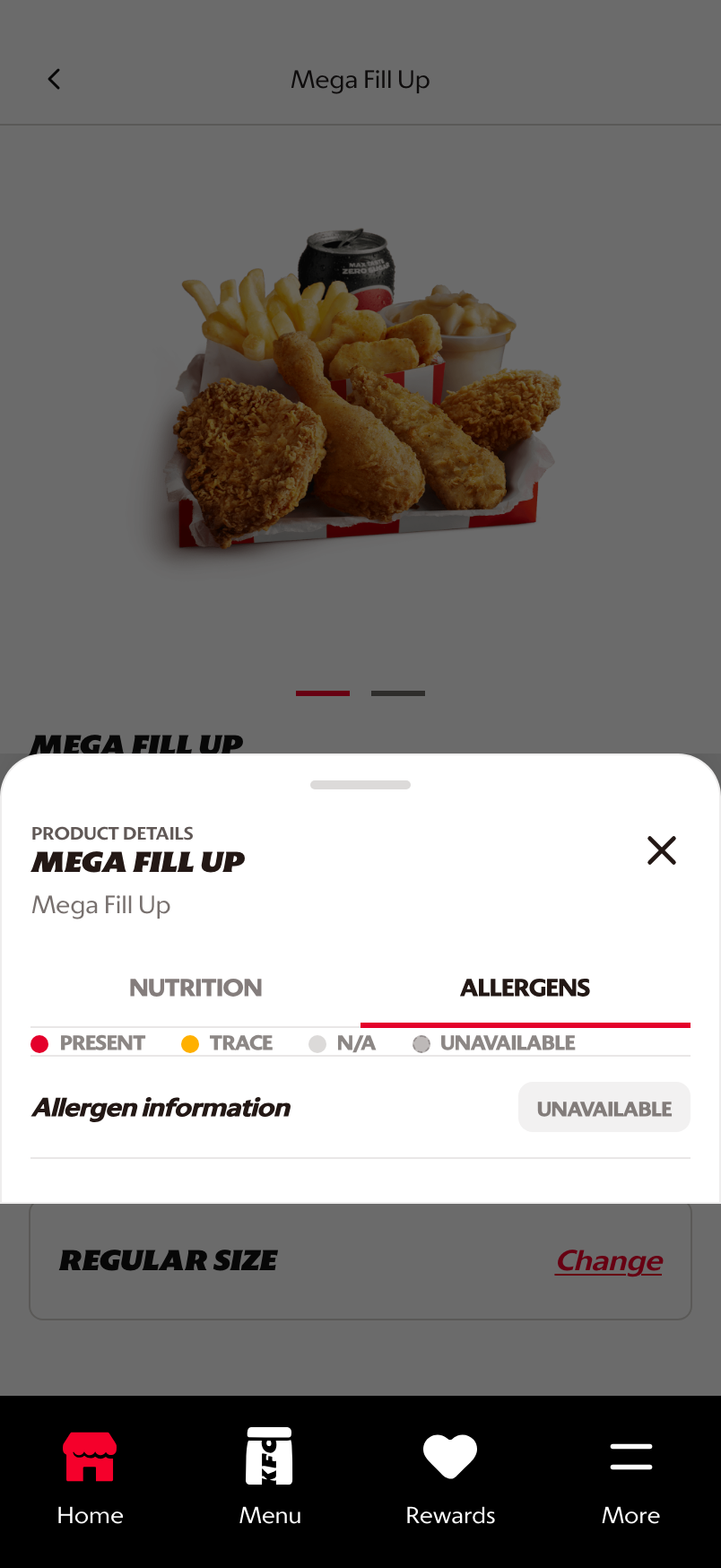 Allergen tab showing unavailable allergen information state