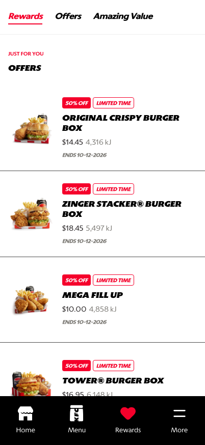 Rewards hub offers section with offer list and carousel