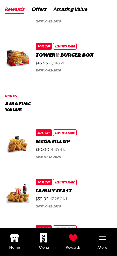 Rewards hub scrolled to Amazing Value and loyalty-style value discovery