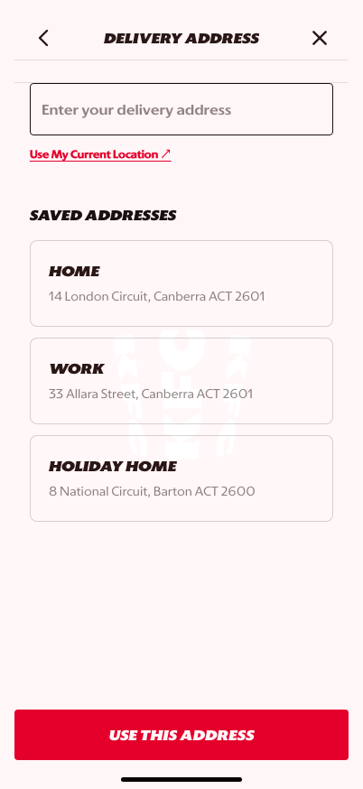 Delivery address selection screen