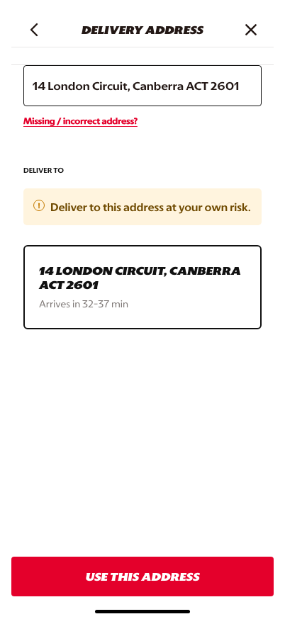 Delivery address search results screen
