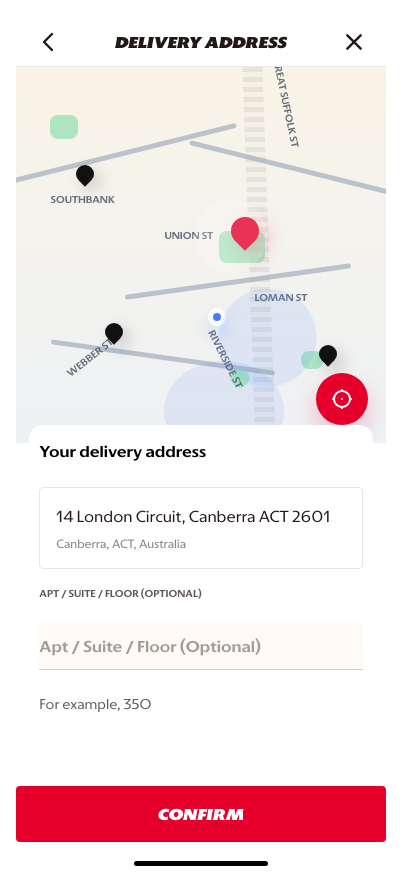 Delivery map confirmation screen