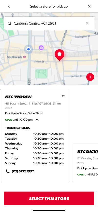 Pickup store details expanded with hours and handoff information