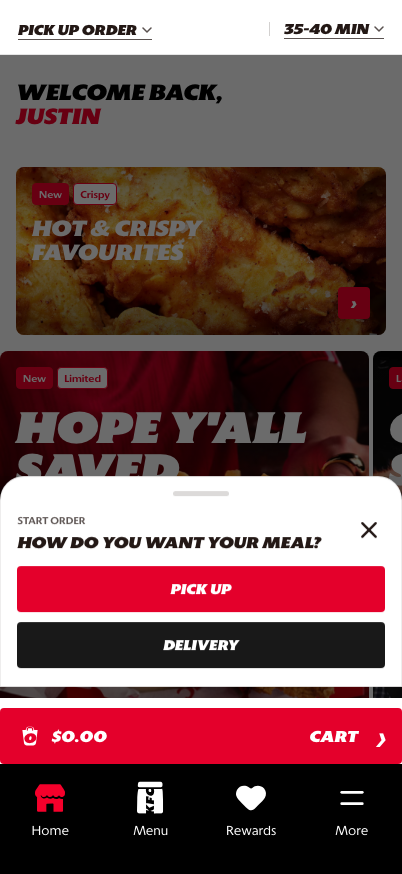 Set order mode selector with pickup and delivery options